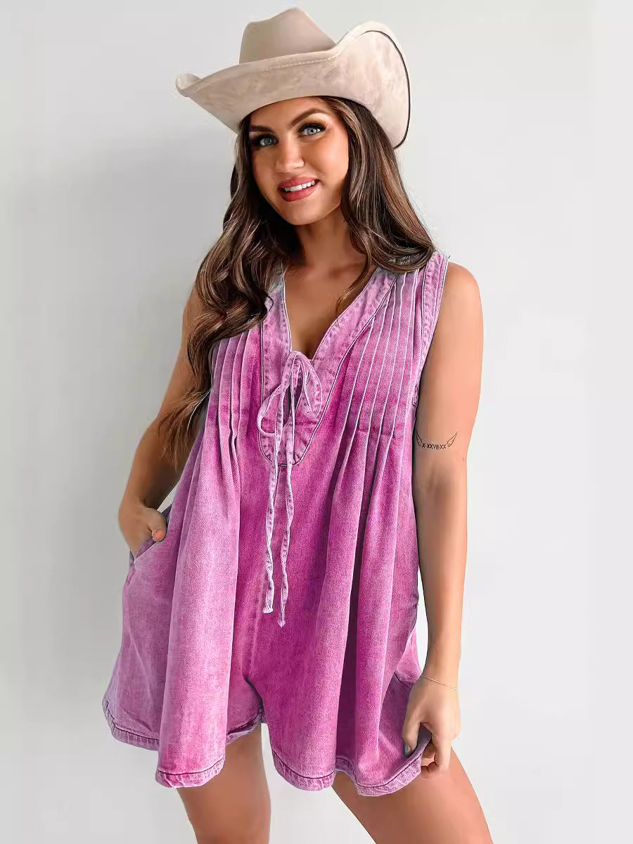 Casual Sleeveless Denim Shorts Jumpsuit