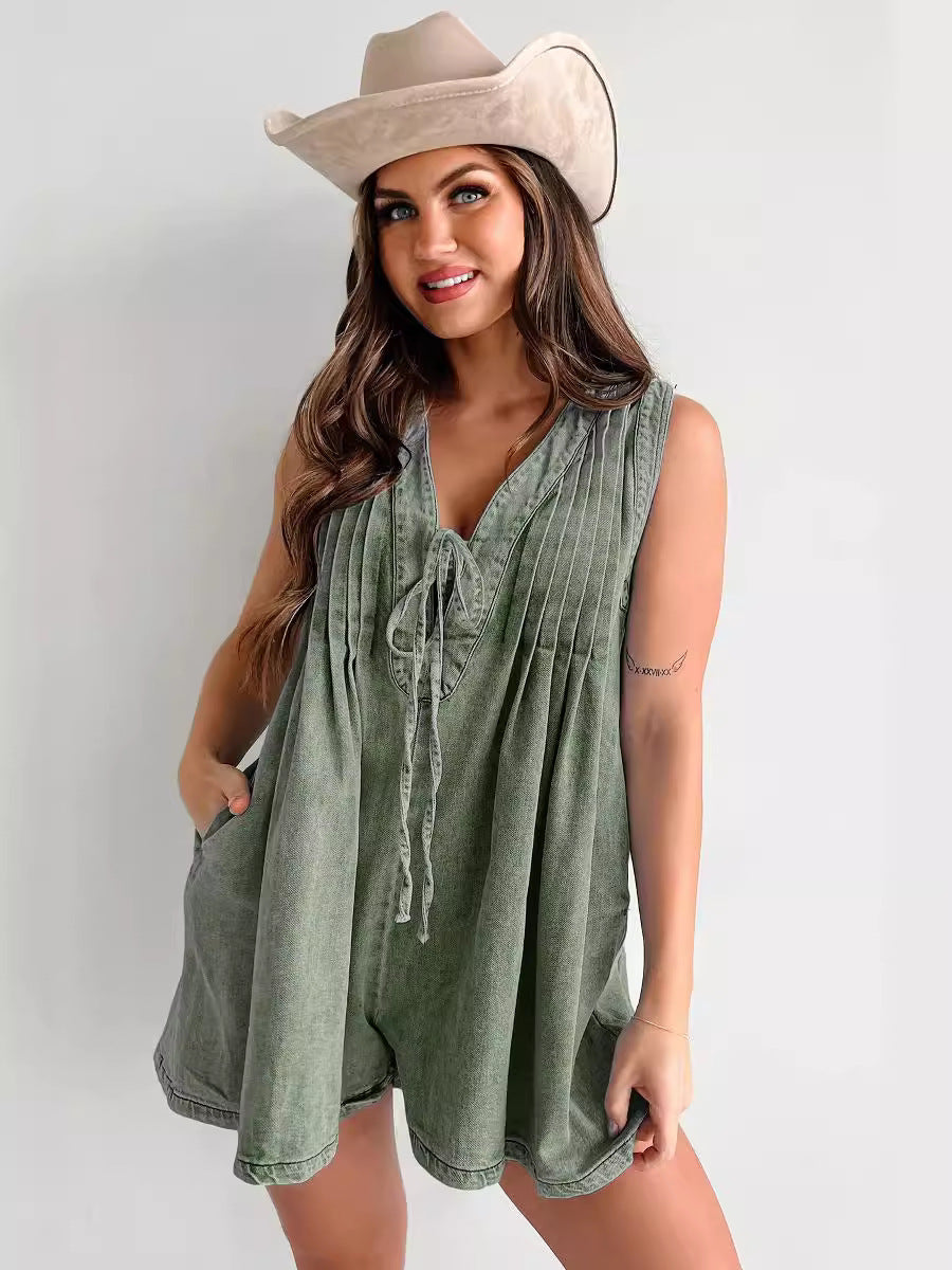 Casual Sleeveless Denim Shorts Jumpsuit