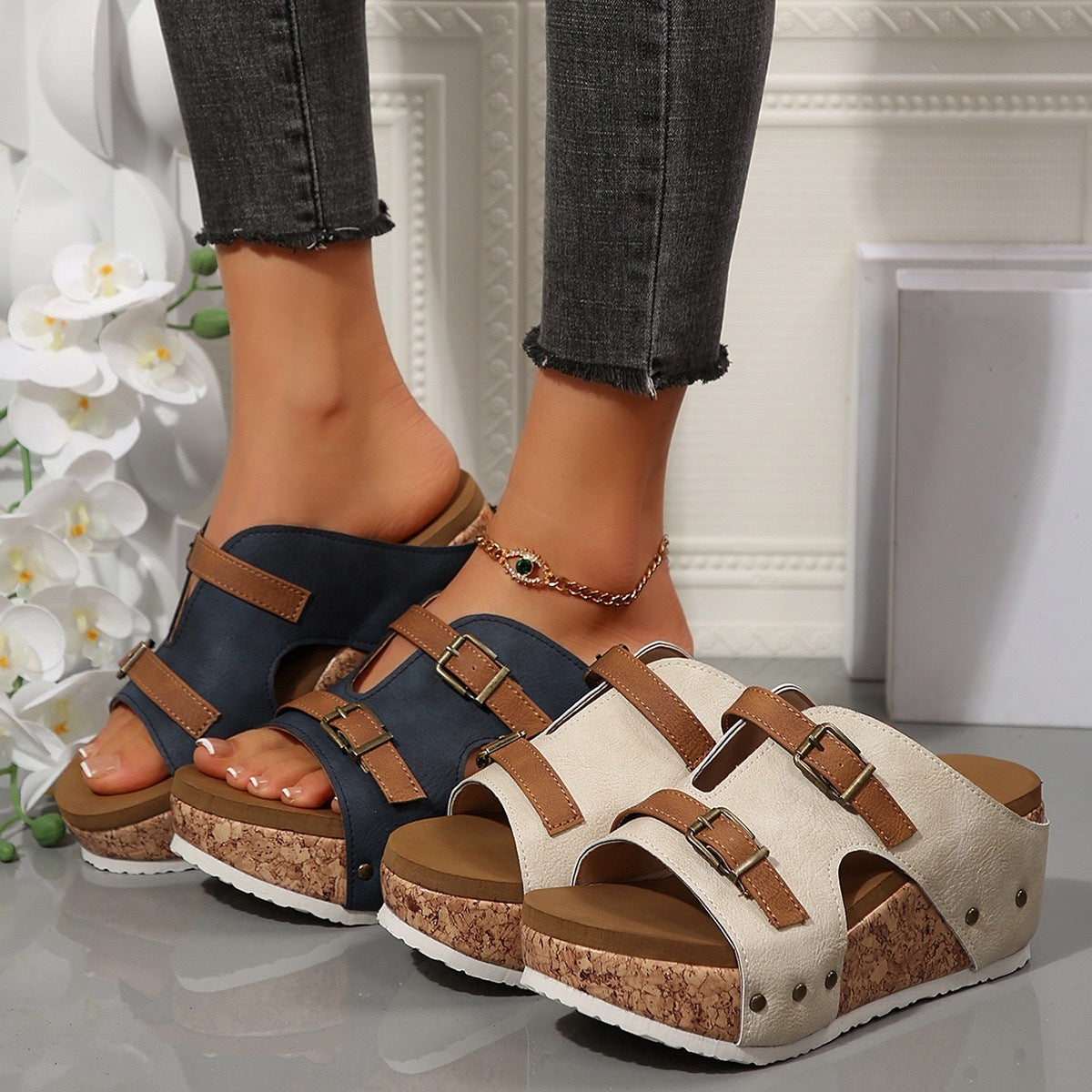 Women’s Summer Buckle Wedge Sandals – Open-Toe Thick High Heel Slides, Outdoor Beach Roman Style Fashion Shoes