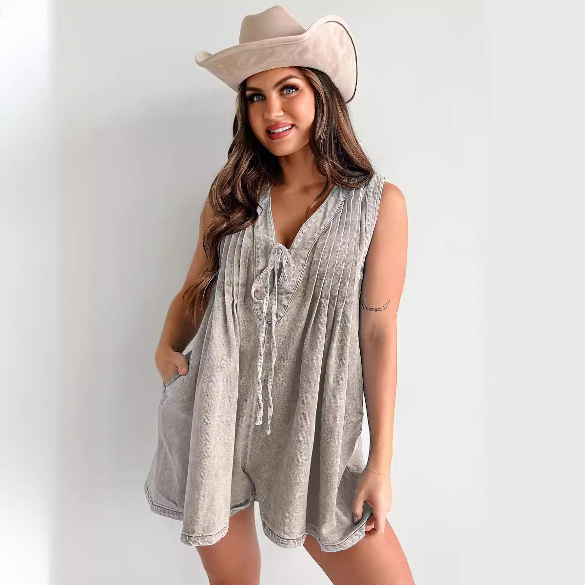 Casual Sleeveless Denim Shorts Jumpsuit