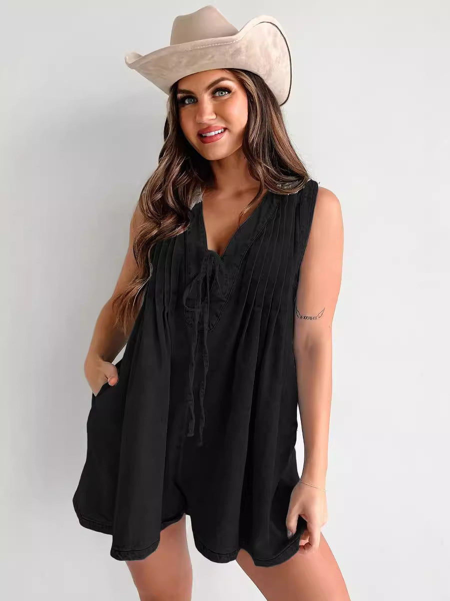 Casual Sleeveless Denim Shorts Jumpsuit