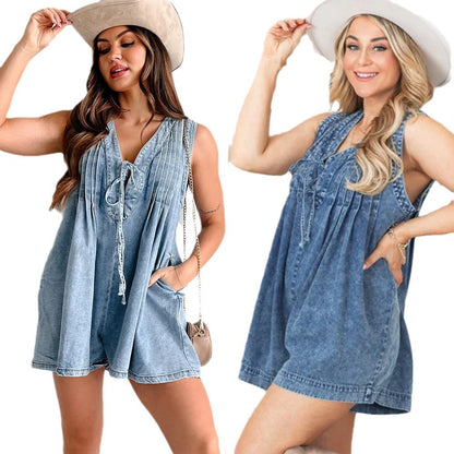 Casual Sleeveless Denim Shorts Jumpsuit