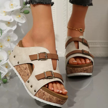 Women’s Summer Buckle Wedge Sandals – Open-Toe Thick High Heel Slides, Outdoor Beach Roman Style Fashion Shoes
