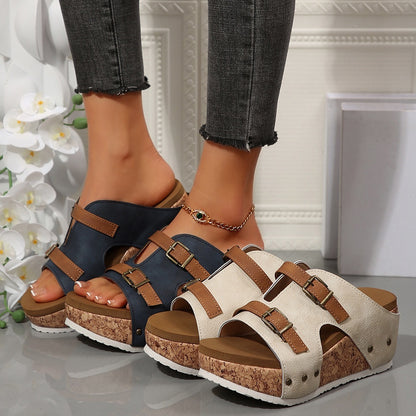Women’s Summer Buckle Wedge Sandals – Open-Toe Thick High Heel Slides, Outdoor Beach Roman Style Fashion Shoes