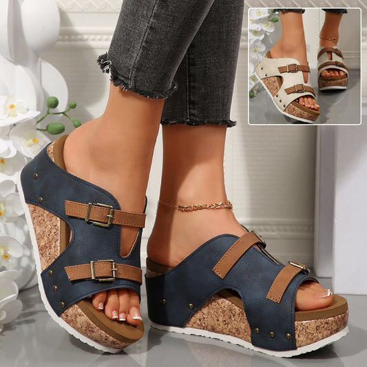 Women’s Summer Buckle Wedge Sandals – Open-Toe Thick High Heel Slides, Outdoor Beach Roman Style Fashion Shoes