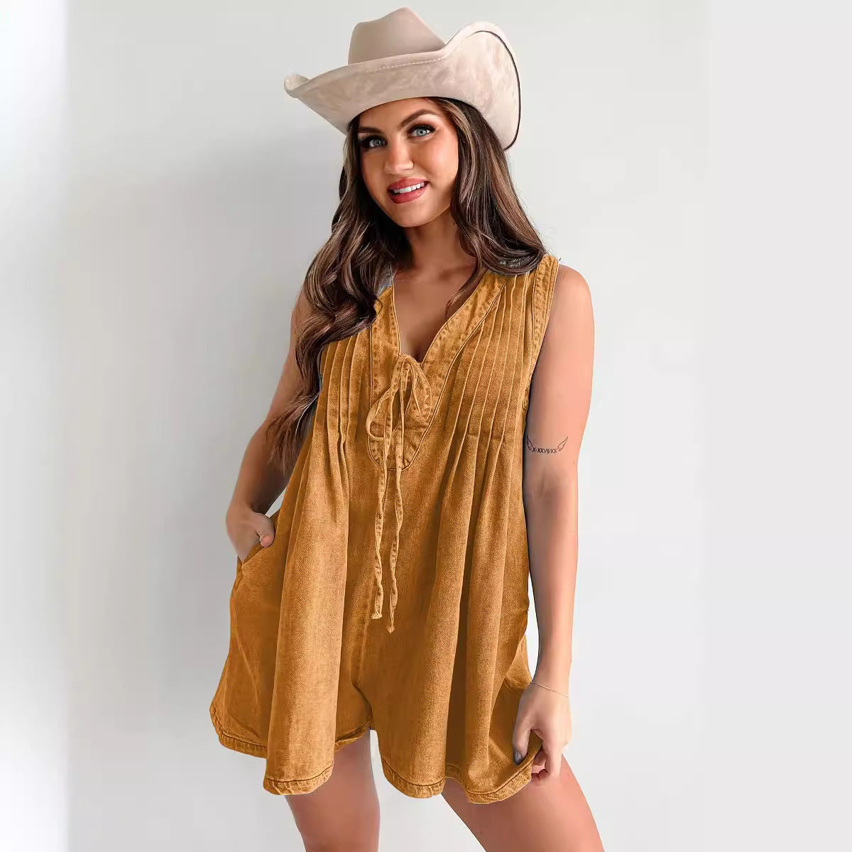 Casual Sleeveless Denim Shorts Jumpsuit