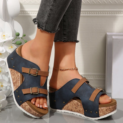 Women’s Summer Buckle Wedge Sandals – Open-Toe Thick High Heel Slides, Outdoor Beach Roman Style Fashion Shoes